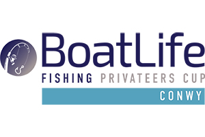 A simple logo featuring the words BoatLife Fishing Privateers Cup Conwy. Alongside is a graphic of a fishing rod in a blue circle