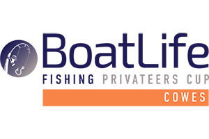 A simple logo featuring the words BoatLife Fishing Privateers Cup Cowes. Alongside is a graphic of a fishing rod in a blue circle