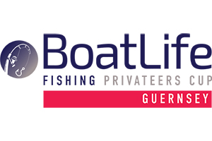 A simple logo featuring the words BoatLife Fishing Privateers Cup Guernsey. Alongside is a graphic of a fishing rod in a blue circle