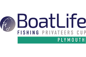 A simple logo featuring the words BoatLife Fishing Privateers Cup Plymouth. Alongside is a graphic of a fishing rod in a blue circle