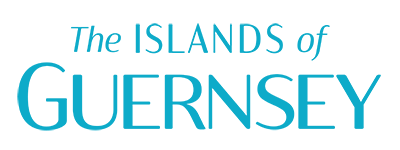 Simple logo featuring the words The Islands of Guernsey in a light blue colour